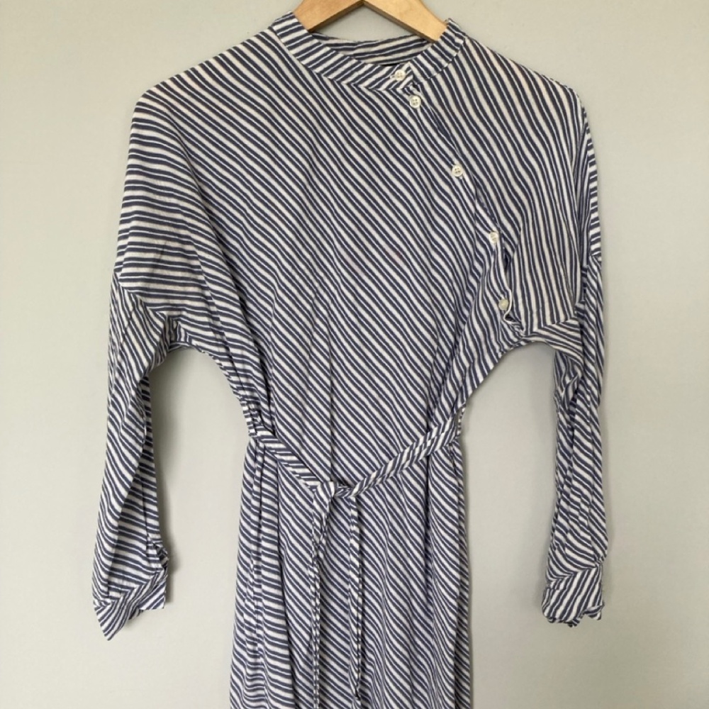 TOPSHOP US Size 2 XS Blue White Buttoned Removable Waist Belt Sleeved Dress
